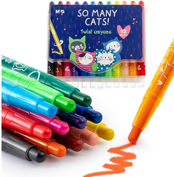 M&G "So Many Cats" Twistable Crayons - 12 Vibrant Colors Retractable Wax Crayons in Cute PVC Pouch - AGMX4336 Non-Toxic, Smooth Glide Art Supplies for Kids & School.