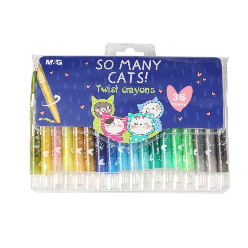 M&G "So Many Cats" 36 Color Twistable Crayons - Deluxe Retractable Wax Crayon Set in PVC Pouch - AGMX4338 Non-Toxic, Large Professional Palette for Kids, School Art & Coloring Books.