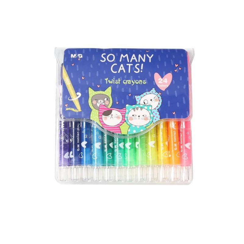 M&G "So Many Cats" Twistable Crayons - 24 Rich Colors Retractable Wax Crayons in Portable PVC Pouch - AGMX4337 Non-Toxic Smooth Coloring Set for Kids, Students & Gift-Giving