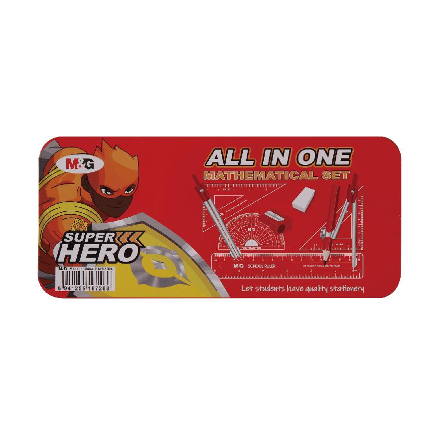M&G Metallic Mathematics Geometry Set (1 pack = 12 sets) – Professional Student Math Kit with Premium Metal Tin Case, Precision Compass and Ruler Set for School & Technical Drawing (HARL1304).