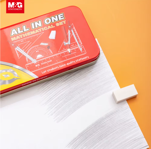 M&G Metallic Mathematics Geometry Set (1 pack = 12 sets) – Professional Student Math Kit with Premium Metal Tin Case, Precision Compass and Ruler Set for School & Technical Drawing (HARL1304).