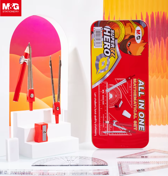 M&G Metallic Mathematics Geometry Set (1 pack = 12 sets) – Professional Student Math Kit with Premium Metal Tin Case, Precision Compass and Ruler Set for School & Technical Drawing (HARL1304).