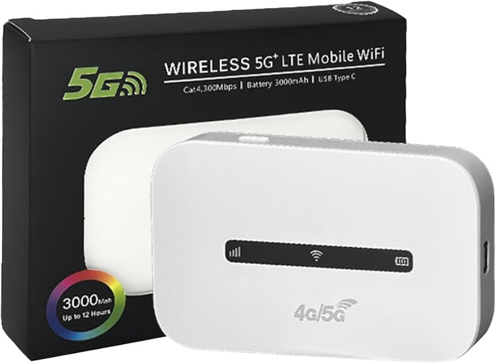 Wireless 5G+ LTE Portable Mobile Wi-Fi MiFi Router High-Speed Hotspot Device with Multi-Device Support and Rechargeable Battery