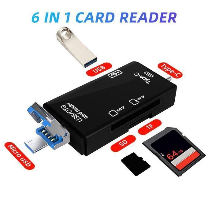 6-in-1 OTG Card Reader ATU-17 – USB + Micro USB + Type-C Multi-Function SD/TF Memory Card Adapter, High-Speed Data Transfer, Universal Compatibility