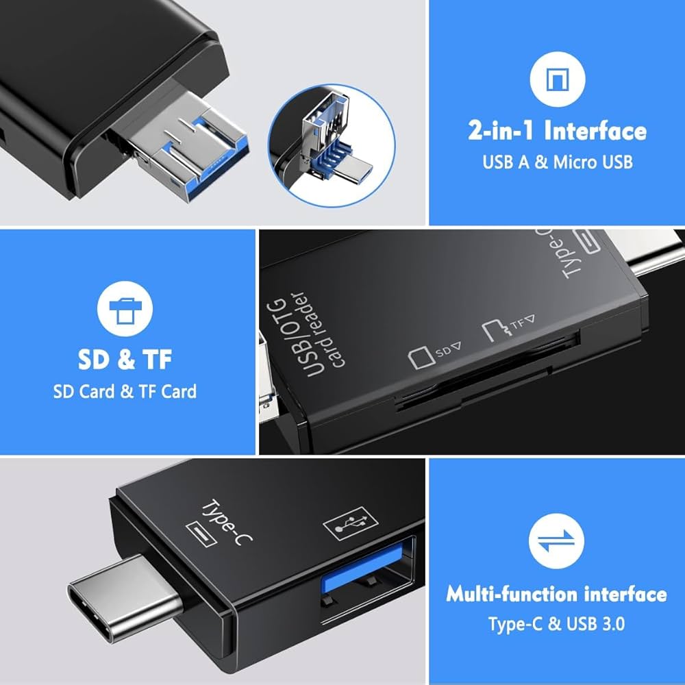 6-in-1 OTG Card Reader ATU-17 – USB + Micro USB + Type-C Multi-Function SD/TF Memory Card Adapter, High-Speed Data Transfer, Universal Compatibility