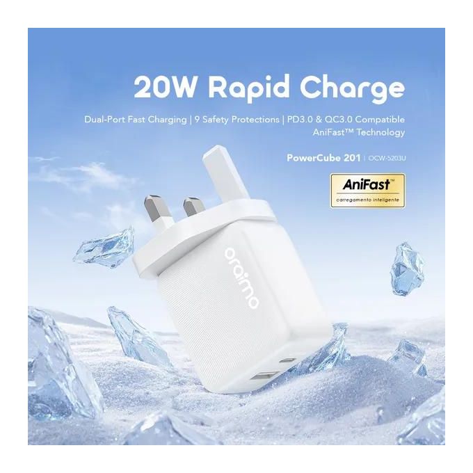 Oraimo PowerCube 201 OCW523U Dual Port 20W Rapid Charge Charger – Anifast Fast Charging Adapter, USB + Type-C Wall Charger