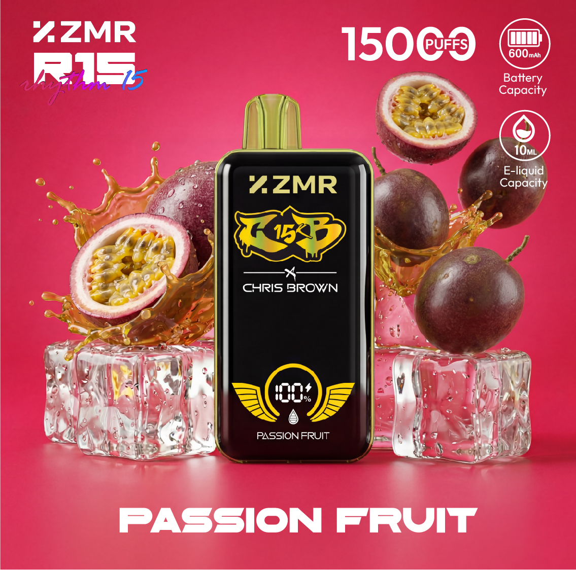 15000 Puffs ZMR R15 Passion Fruit Ice Flavor Disposable Vape – Smart Display, Adjustable Airflow, Wireless Charging