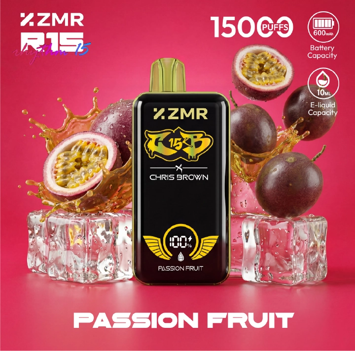 15000 Puffs ZMR R15 Passion Fruit Ice Flavor Disposable Vape – Smart Display, Adjustable Airflow, Wireless Charging