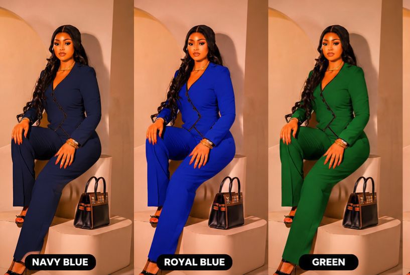 Women’s Elegant Office Trouser Suit Set – Long Sleeve Blazer & Straight Pants