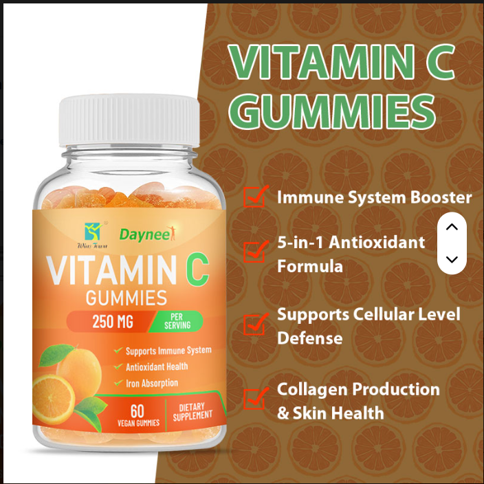 Daynee Vitamin C Gummies 250mg Dietary Supplement – 60 Count Immune Support, Antioxidant Boost, Delicious Chewable Vitamins