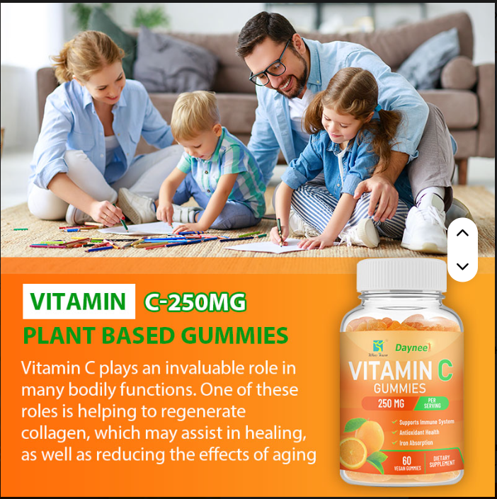 Daynee Vitamin C Gummies 250mg Dietary Supplement – 60 Count Immune Support, Antioxidant Boost, Delicious Chewable Vitamins
