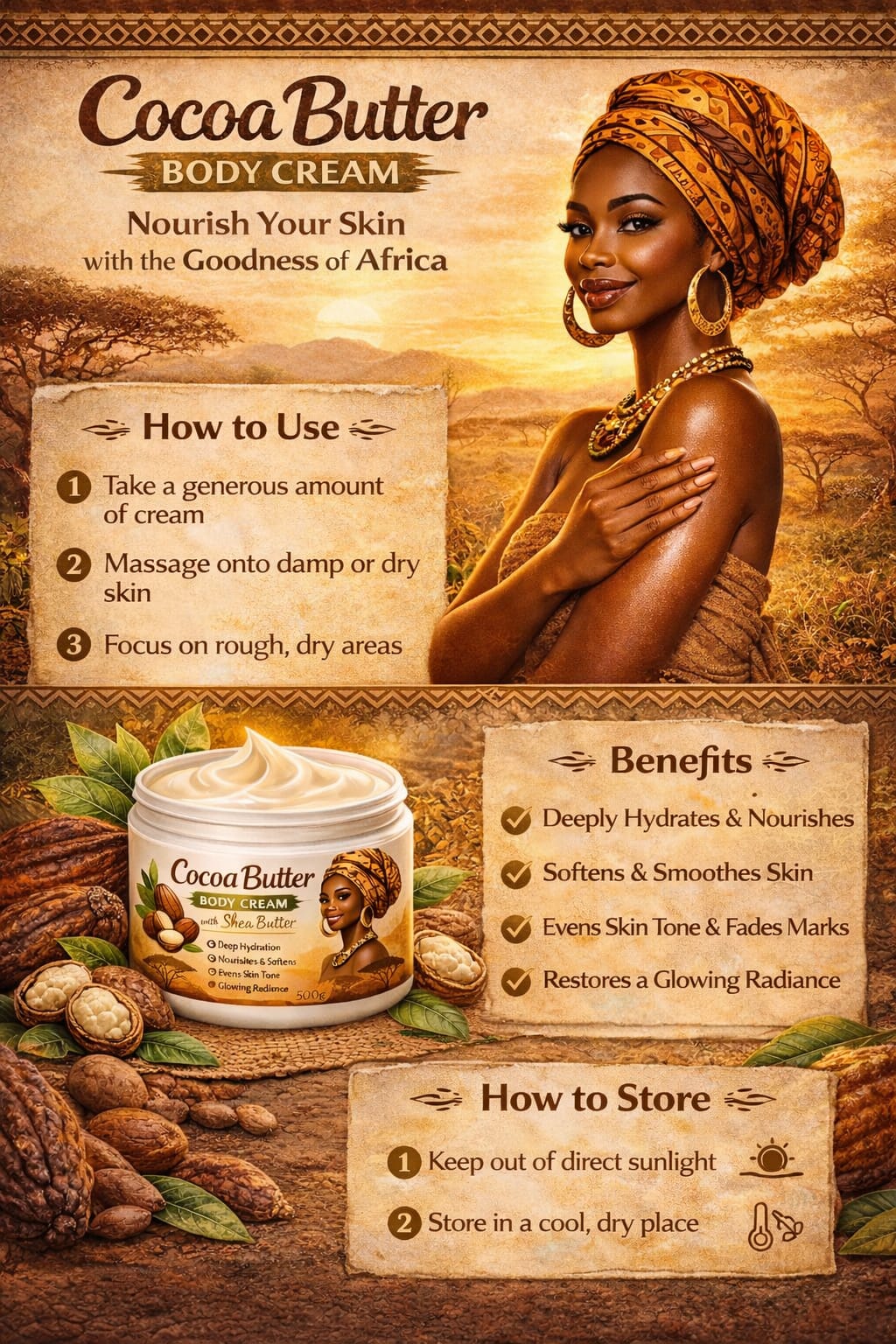 Cocoa Butter & Shea Butter Body Cream – Deep Moisturizing, Skin Brightening & Glow Boosting Lotion for Smooth Radiant Skin