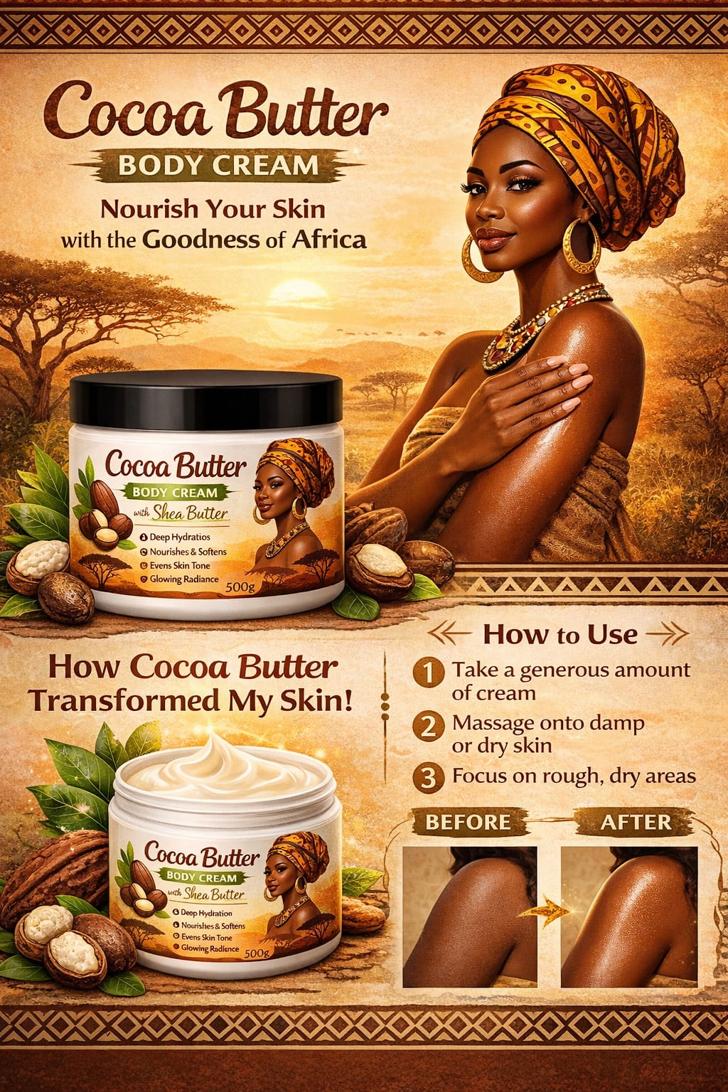 Cocoa Butter & Shea Butter Body Cream – Deep Moisturizing, Skin Brightening & Glow Boosting Lotion for Smooth Radiant Skin