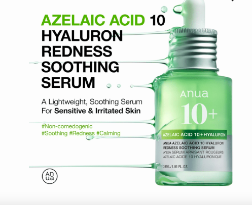 Azelaic acid NEW ADVANCED ANUA 10 HYALURON REDNESS SOOTHING SERUM WITH CICA SOOTHES & CALMS ACNE-PRONE SKIN (30ML)