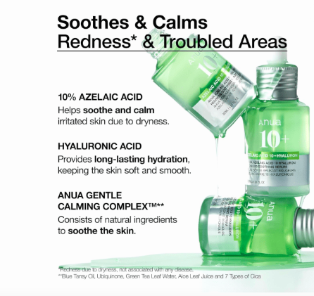 Azelaic acid NEW ADVANCED ANUA 10 HYALURON REDNESS SOOTHING SERUM WITH CICA SOOTHES & CALMS ACNE-PRONE SKIN (30ML)