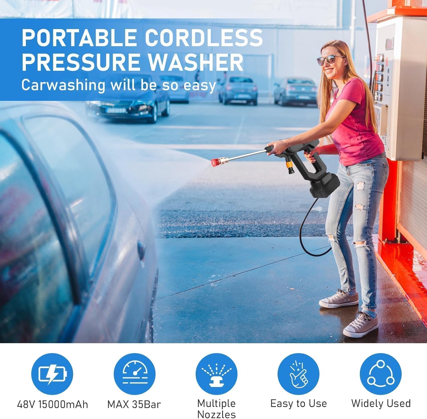 Wireless High Pressure Washer Water Spray Gun for Car Wash Bike Washing Cleaning 48V Rechargeable Electric High Pressure Water Gun with Adjustable Nozzle and 5M Hose Pipe