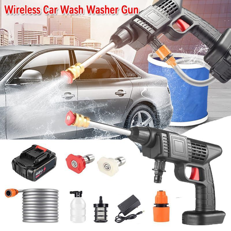 Wireless High Pressure Washer Water Spray Gun for Car Wash Bike Washing Cleaning 48V Rechargeable Electric High Pressure Water Gun with Adjustable Nozzle and 5M Hose Pipe