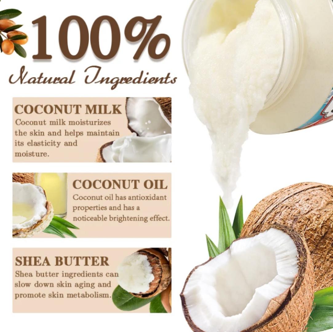 LKIAE Foaming Body Scrub 300g with Shea Butter, Coconut Oil and Coconut Milk for Exfoliating, Moisturizing and Brightening Skin