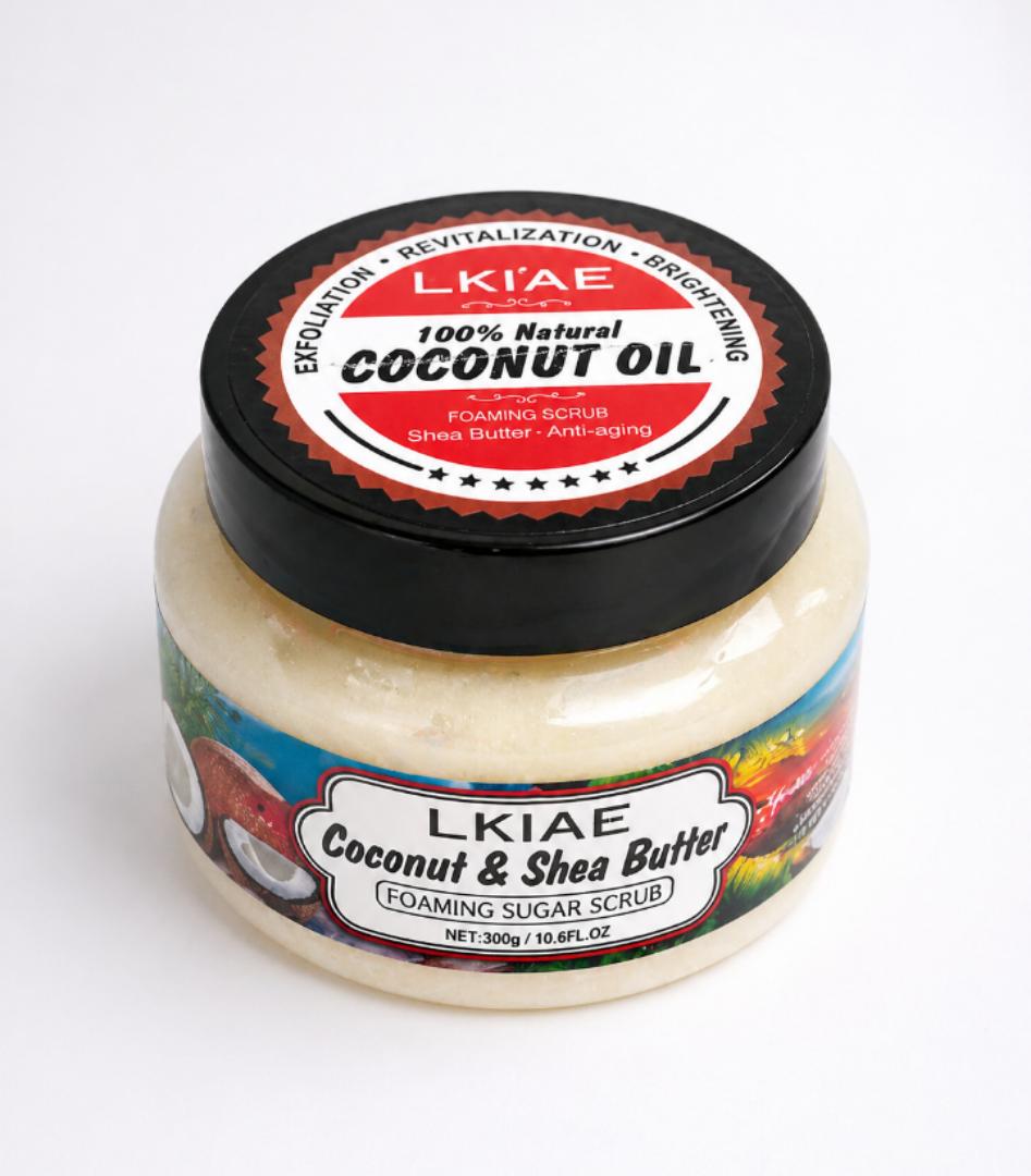 LKIAE Foaming Body Scrub 300g with Shea Butter, Coconut Oil and Coconut Milk for Exfoliating, Moisturizing and Brightening Skin