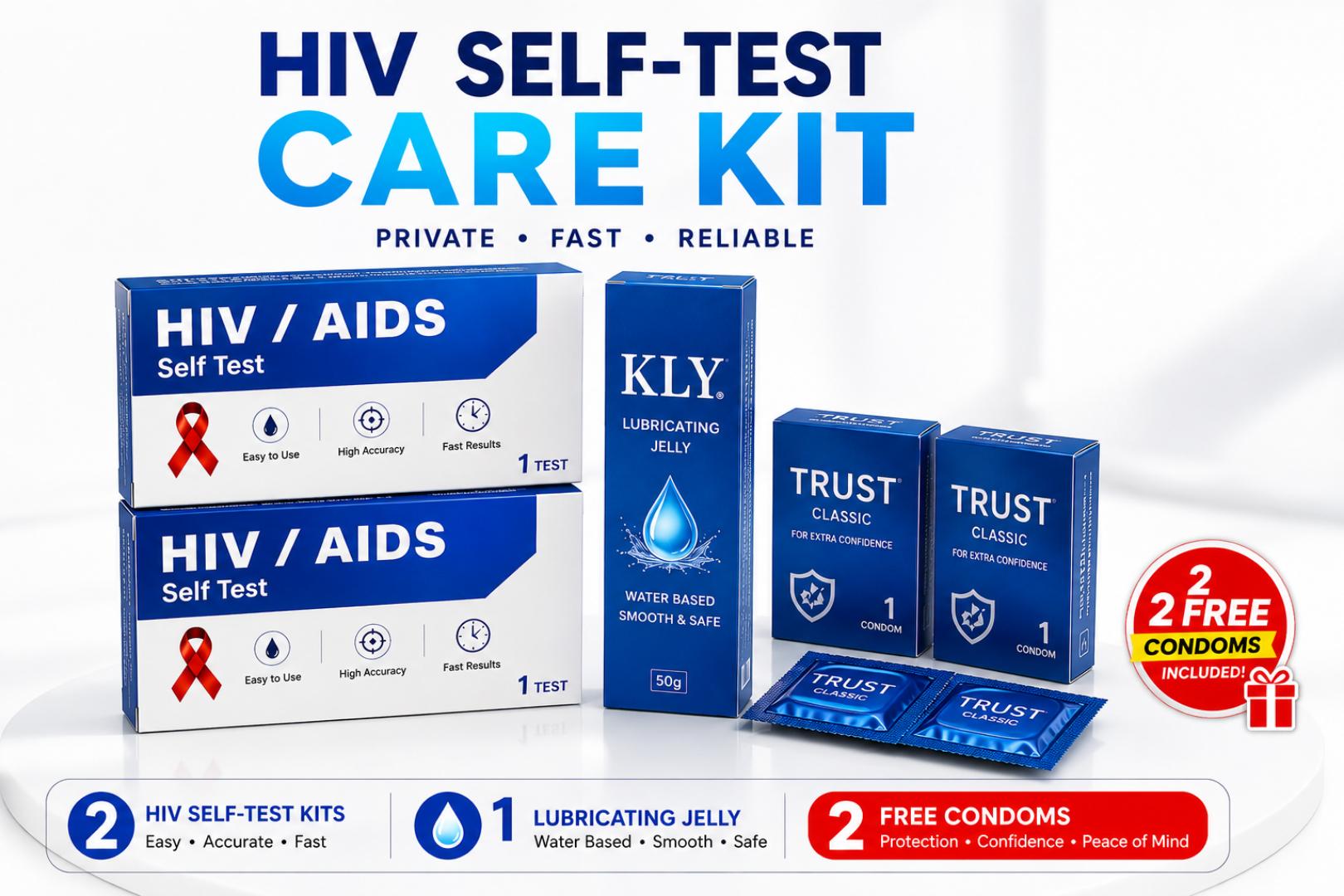 Couples HIV Self-Test Safety Kit 2 Rapid HIV Test Kits with Lubricating Jelly & 2 Free Condoms Private Home Care Set