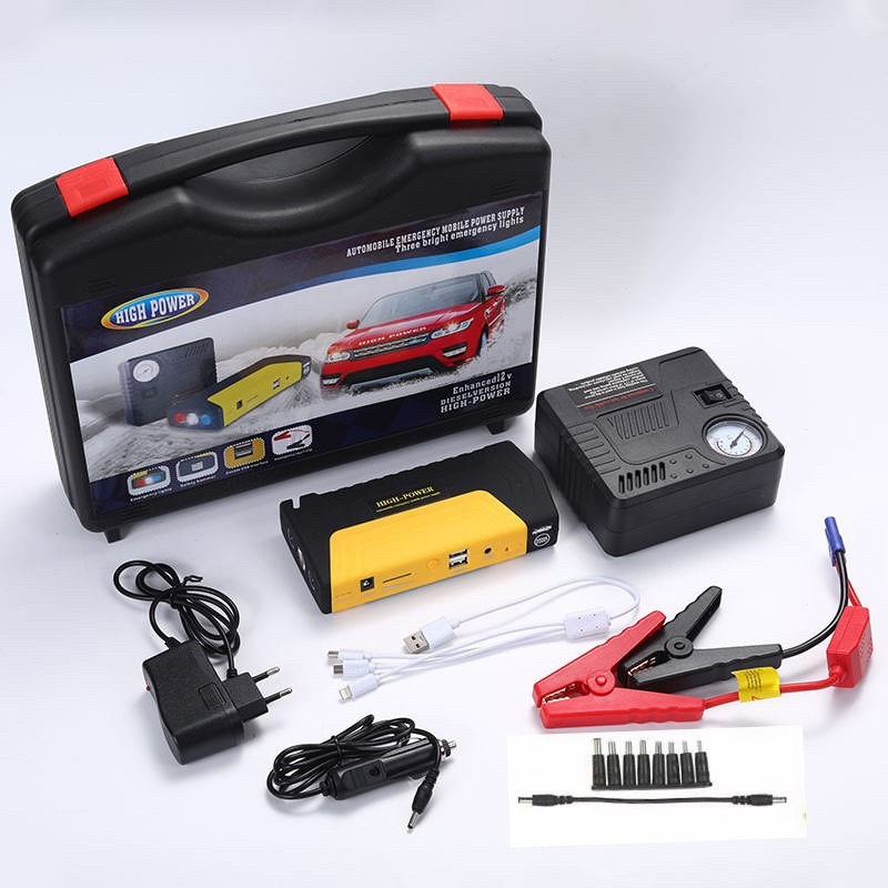 Portable 12V Car Jump Starter Emergency Power Supply With Air Compressor USB Power Bank LED Light Safety Hammer Booster Battery Pack For Petrol Diesel Cars Roadside Emergency Kit