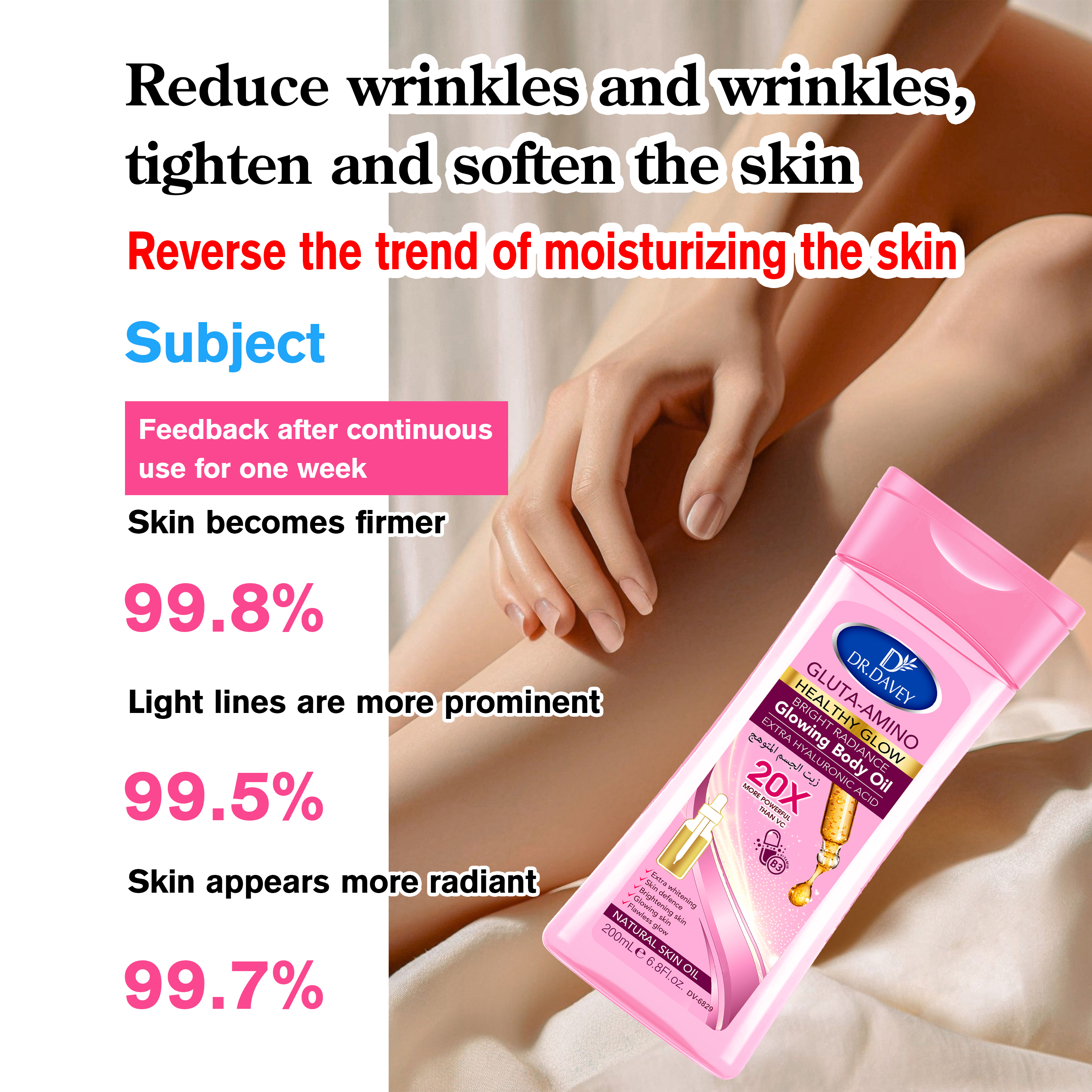 Dr Davey Gluta Amino Acid Body Oil 200ml Bright Radiance Healthy Glow Moisturizing Oil With Glutathione Hyaluronic Acid Deep Hydration Even Skin Tone Lightweight Fast Absorbing Body Care Serum Oil