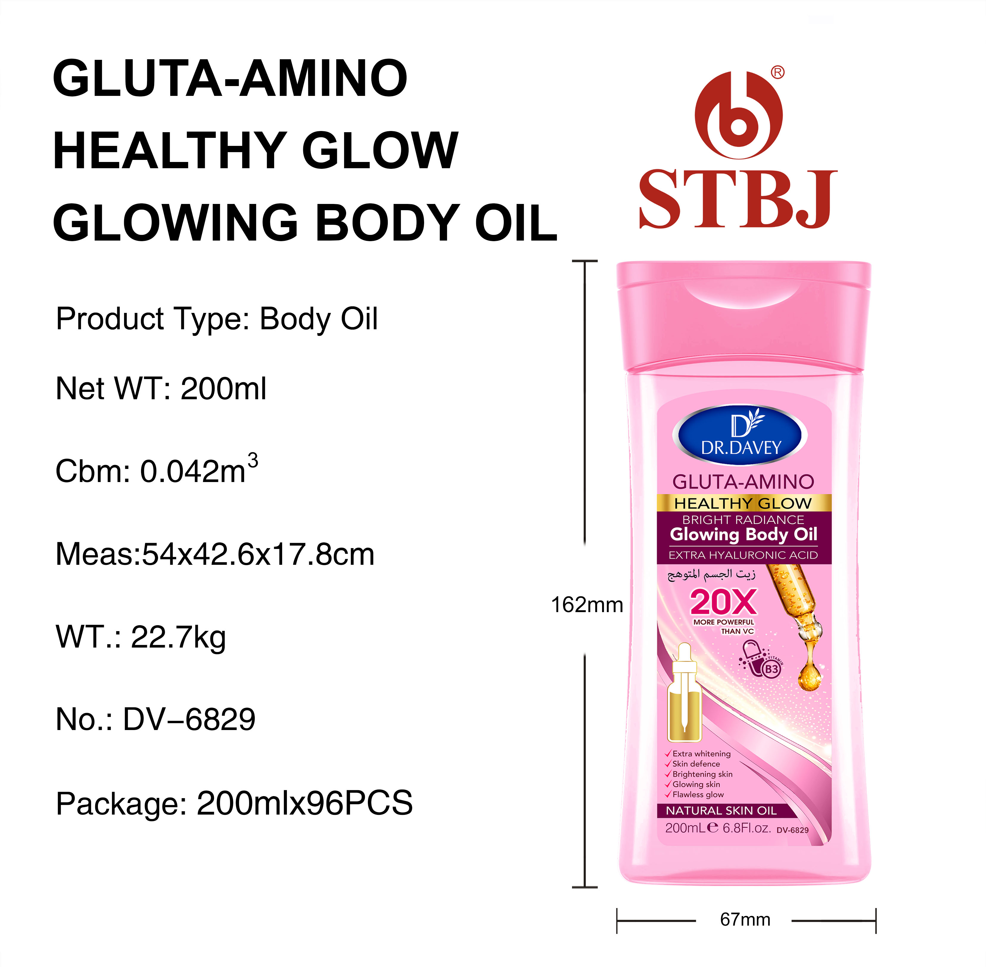 Dr Davey Gluta Amino Acid Body Oil 200ml Bright Radiance Healthy Glow Moisturizing Oil With Glutathione Hyaluronic Acid Deep Hydration Even Skin Tone Lightweight Fast Absorbing Body Care Serum Oil