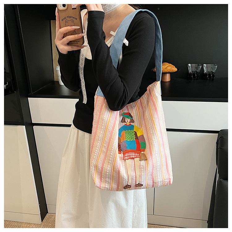 Women's Casual Canvas Shoulder Bag with Unique Girl Embroidery, Soft Durable color-block Striped Tote, Large Capacity Daily Use Handbag