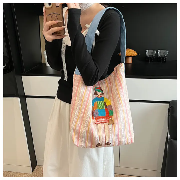 Women's Casual Canvas Shoulder Bag with Unique Girl Embroidery, Soft Durable color-block Striped Tote, Large Capacity Daily Use Handbag