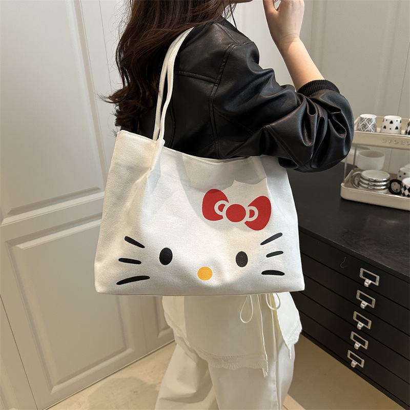 Hello Kitty Ladies Shoulder Bag Canvas Tote Bag Reusable Large Capacity  for Women & Students Casual Daily Use