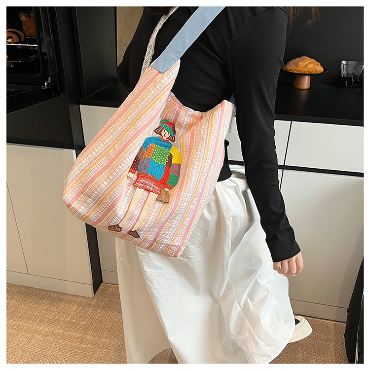 Women's Casual Canvas Shoulder Bag with Unique Girl Embroidery, Soft Durable color-block Striped Tote, Large Capacity Daily Use Handbag