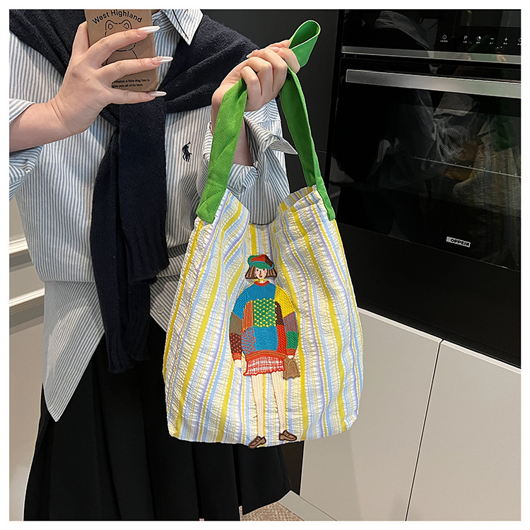 Women's Casual Canvas Shoulder Bag with Unique Girl Embroidery, Soft Durable color-block Striped Tote, Large Capacity Daily Use Handbag