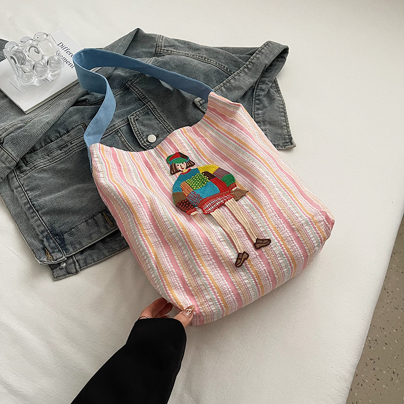 Women's Casual Canvas Shoulder Bag with Unique Girl Embroidery, Soft Durable color-block Striped Tote, Large Capacity Daily Use Handbag
