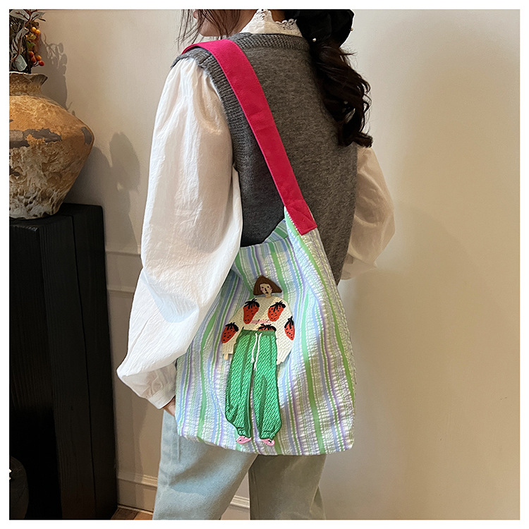 Women's Casual Canvas Shoulder Bag with Unique Girl Embroidery, Soft Durable color-block Striped Tote, Large Capacity Daily Use Handbag