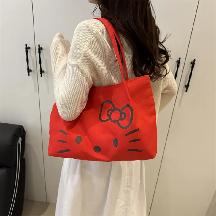 Hello Kitty Ladies Shoulder Bag Canvas Tote Bag Reusable Large Capacity  for Women & Students Casual Daily Use