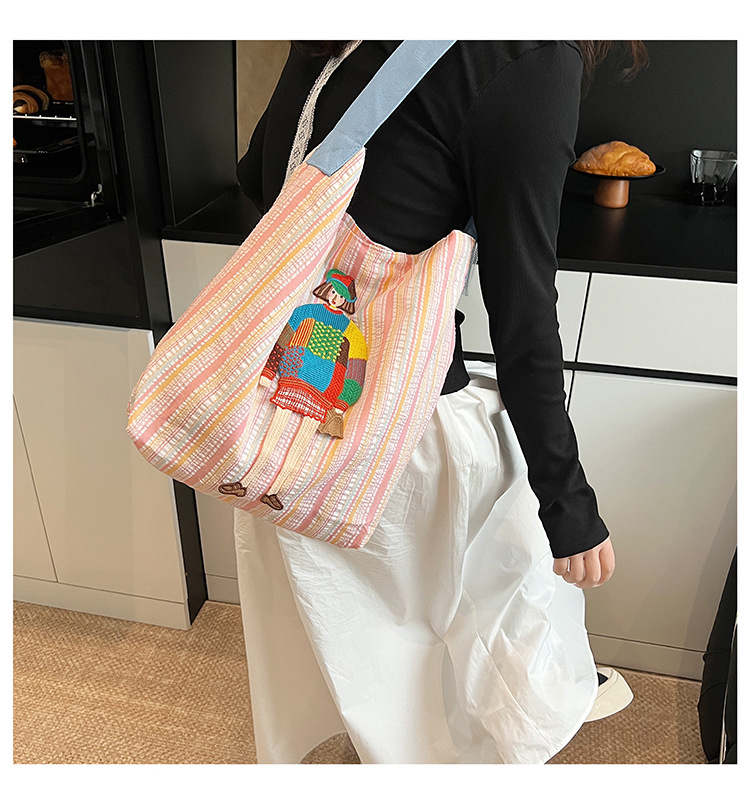 Women's Casual Canvas Shoulder Bag with Unique Girl Embroidery, Soft Durable color-block Striped Tote, Large Capacity Daily Use Handbag