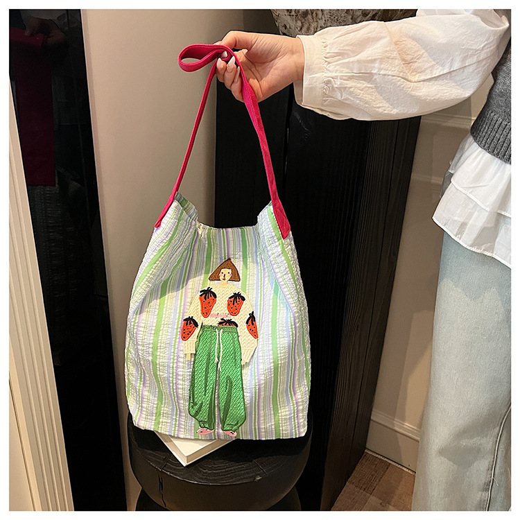 Women's Casual Canvas Shoulder Bag with Unique Girl Embroidery, Soft Durable color-block Striped Tote, Large Capacity Daily Use Handbag
