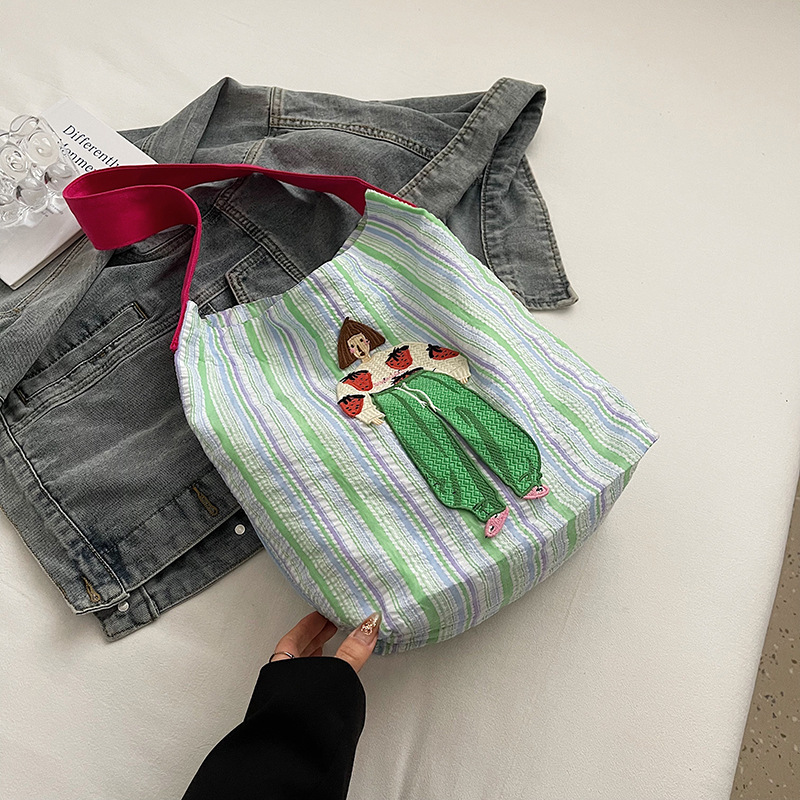 Women's Casual Canvas Shoulder Bag with Unique Girl Embroidery, Soft Durable color-block Striped Tote, Large Capacity Daily Use Handbag