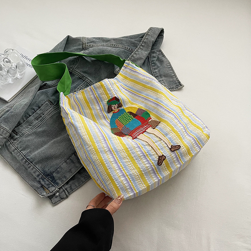 Women's Casual Canvas Shoulder Bag with Unique Girl Embroidery, Soft Durable color-block Striped Tote, Large Capacity Daily Use Handbag