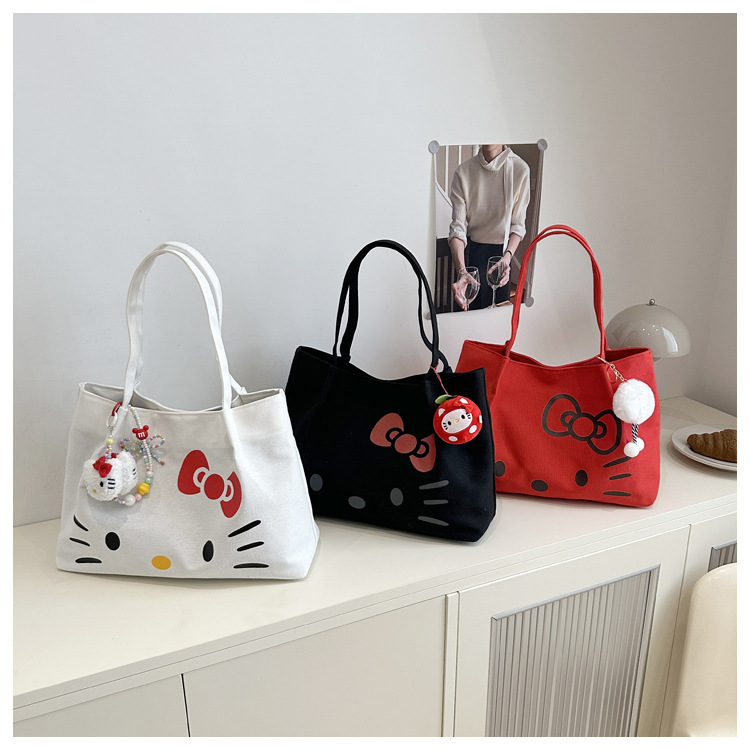 Hello Kitty Ladies Shoulder Bag Canvas Tote Bag Reusable Large Capacity  for Women & Students Casual Daily Use
