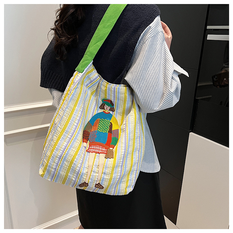 Women's Casual Canvas Shoulder Bag with Unique Girl Embroidery, Soft Durable color-block Striped Tote, Large Capacity Daily Use Handbag