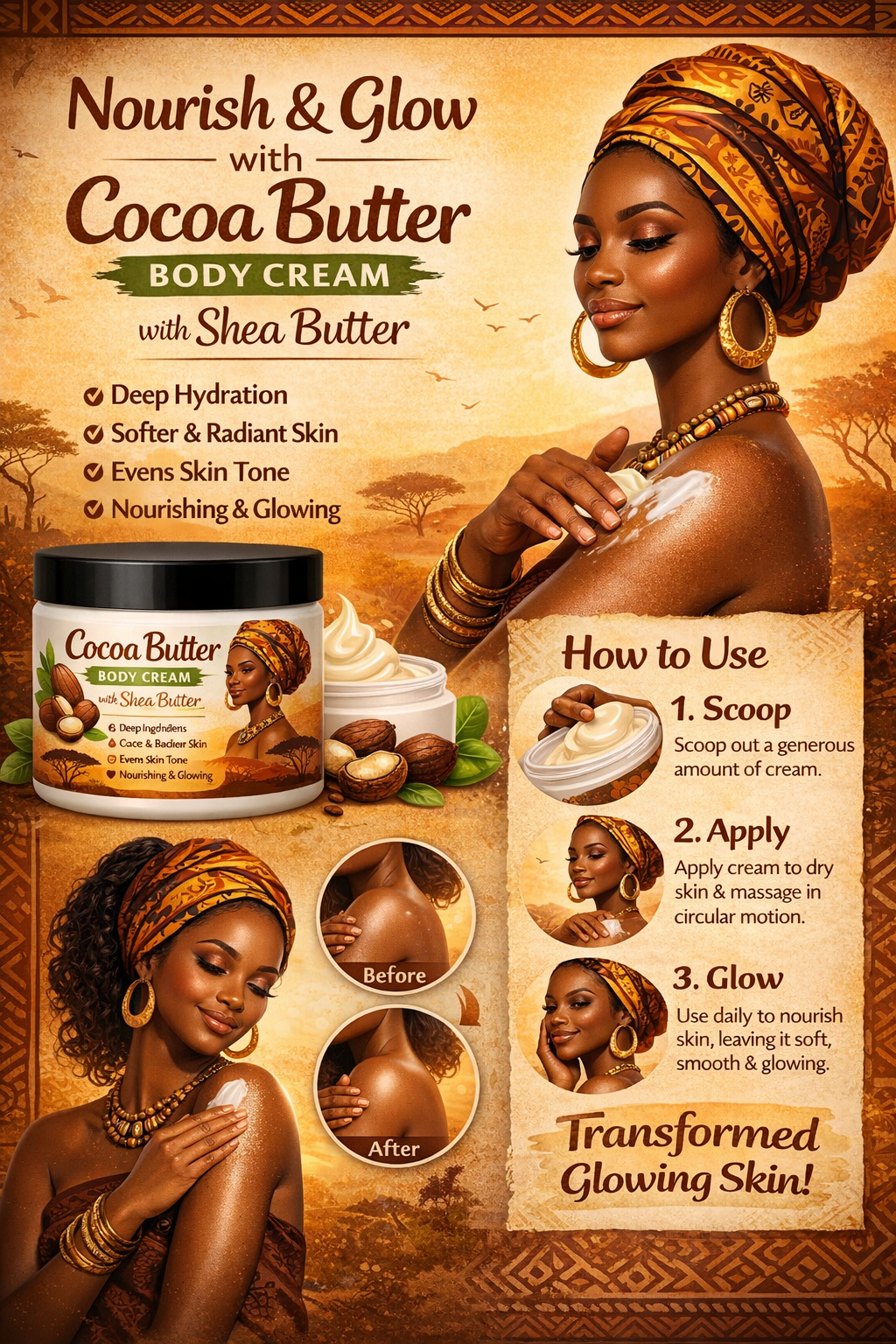 Cocoa Butter & Shea Butter Body Cream – Deep Moisturizing, Skin Brightening & Glow Boosting Lotion for Smooth Radiant Skin