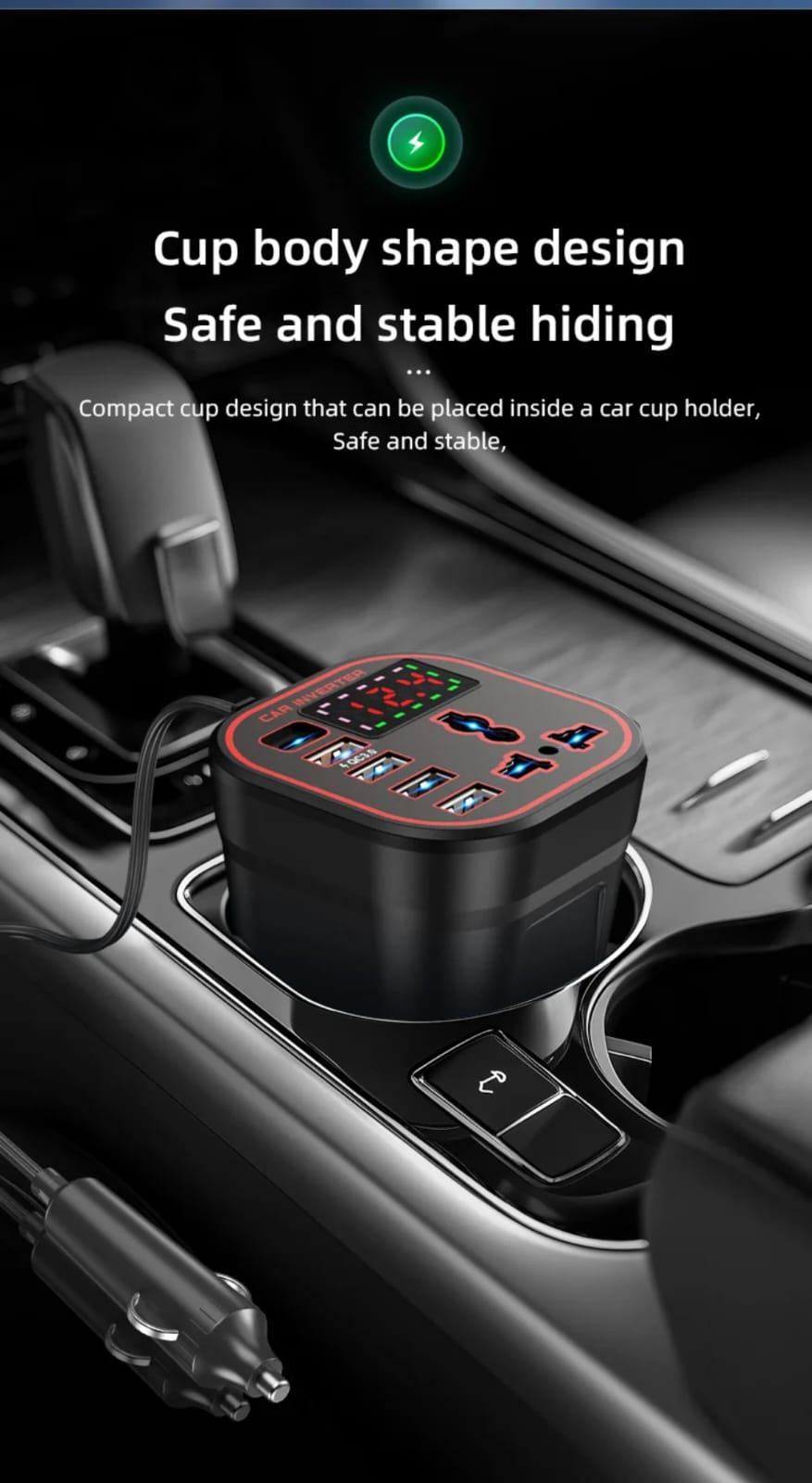 200w car power inverter 50/60Hz with digital screen display, Type c interface,3 usb  interface and socket port