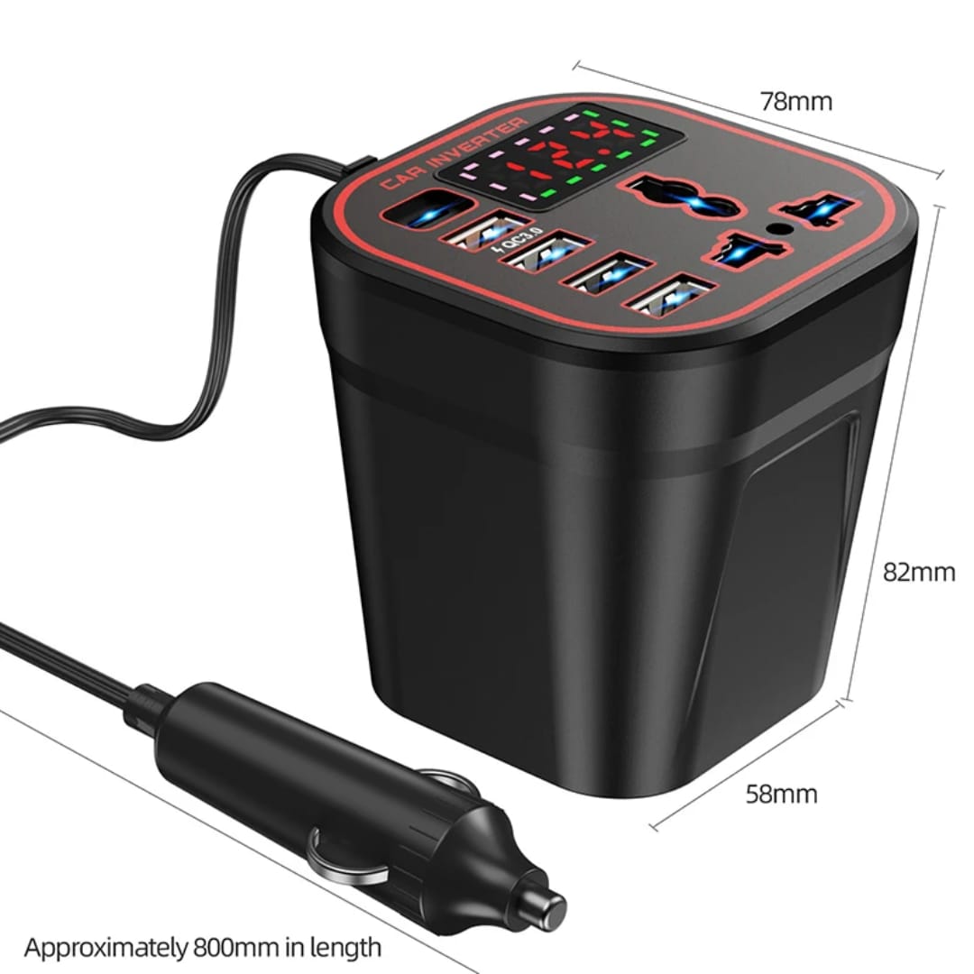 200w car power inverter 50/60Hz with digital screen display, Type c interface,3 usb  interface and socket port