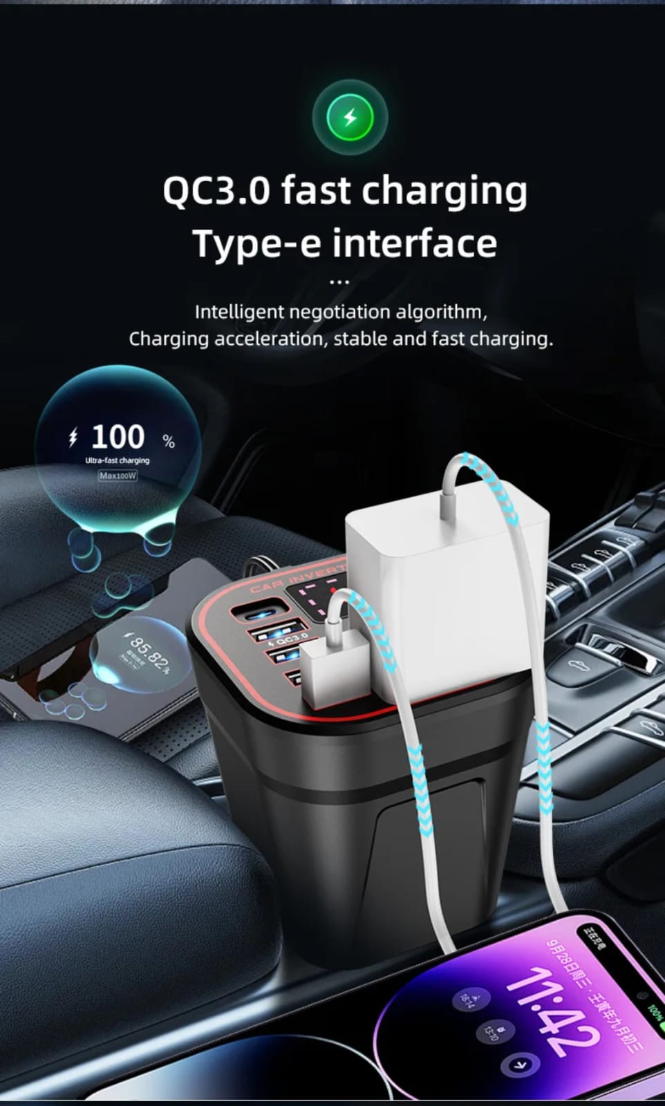 200w car power inverter 50/60Hz with digital screen display, Type c interface,3 usb  interface and socket port