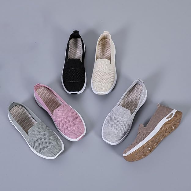 Women’s Breathable Slip-On Orthopedic Sneakers Lightweight Mesh Casual Walking Shoes Comfortable Soft Sole Loafers for Ladies Everyday Wear Non-Slip Fashion Flat Shoes from Sizes 37-43 Beige and pink.