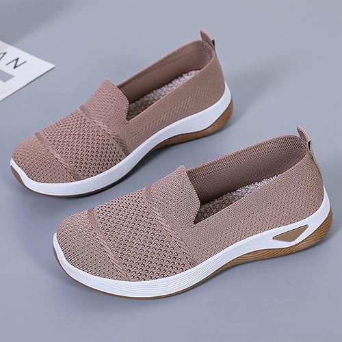 Women’s Breathable Slip-On Orthopedic Sneakers Lightweight Mesh Casual Walking Shoes Comfortable Soft Sole Loafers for Ladies Everyday Wear Non-Slip Fashion Flat Shoes from Sizes 37-43 Beige and pink.