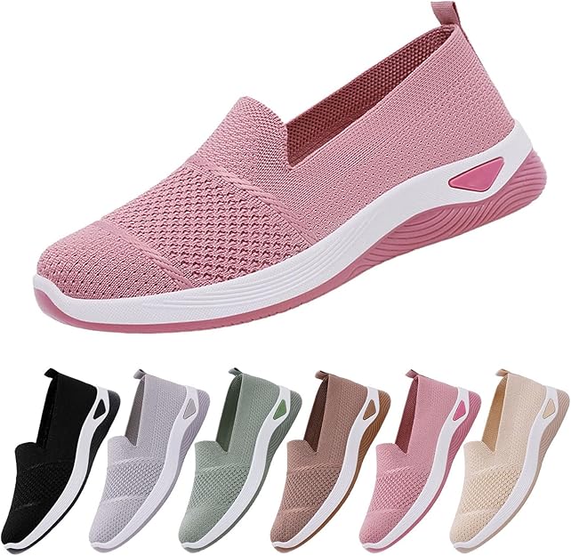 Women’s Breathable Slip-On Orthopedic Sneakers Lightweight Mesh Casual Walking Shoes Comfortable Soft Sole Loafers for Ladies Everyday Wear Non-Slip Fashion Flat Shoes from Sizes 37-43 Beige and pink.