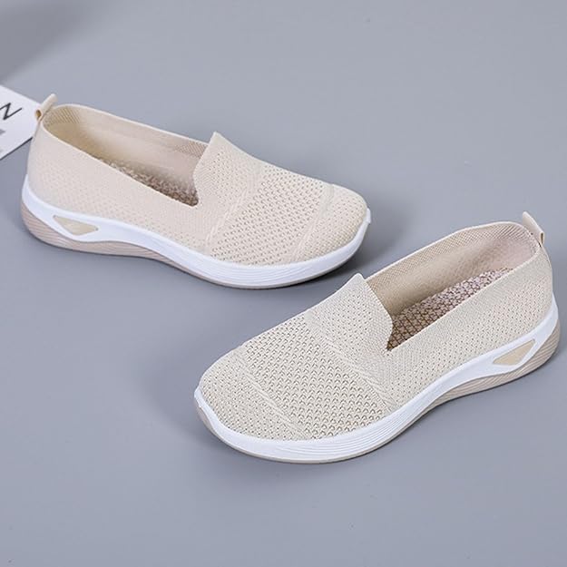 Women’s Breathable Slip-On Orthopedic Sneakers Lightweight Mesh Casual Walking Shoes Comfortable Soft Sole Loafers for Ladies Everyday Wear Non-Slip Fashion Flat Shoes from Sizes 37-43 Beige and pink.