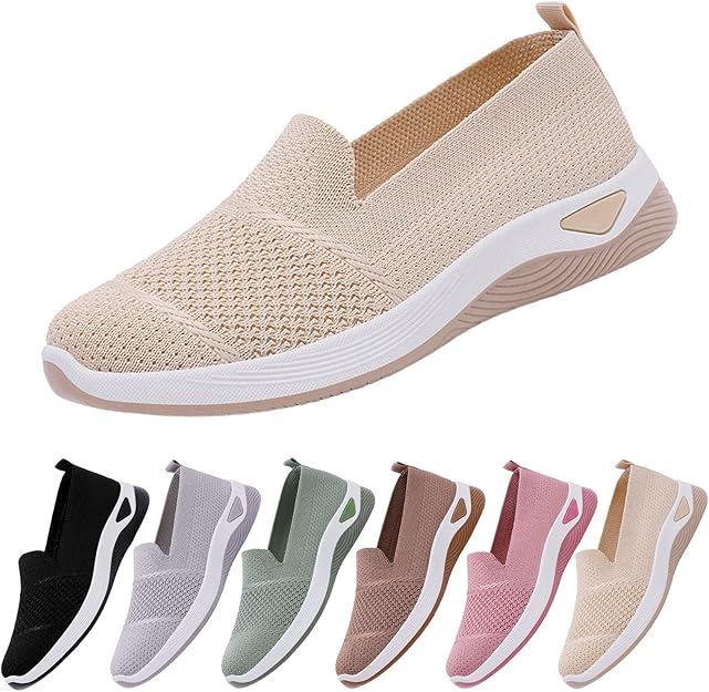 Women’s Breathable Slip-On Orthopedic Sneakers Lightweight Mesh Casual Walking Shoes Comfortable Soft Sole Loafers for Ladies Everyday Wear Non-Slip Fashion Flat Shoes from Sizes 37-43 Beige and pink.